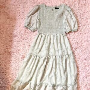 Floral Smocked Puff Sleeve Tiered Skirt Milkmaid Peasant Prairie Whimsical Dress